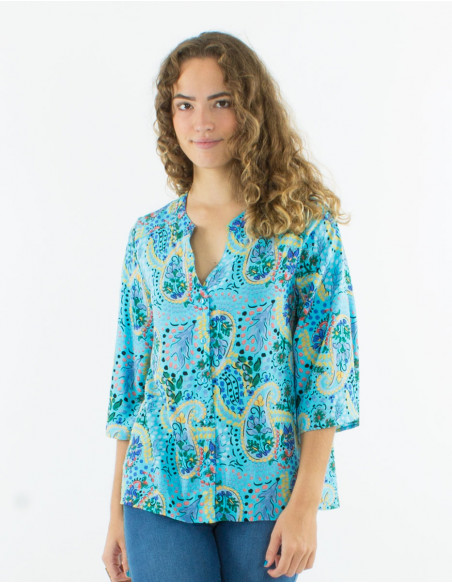 Viscose buttoned blouse with 3/4 sleeves and "istanbul" print