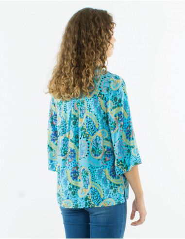 Viscose buttoned blouse with 3/4 sleeves and "istanbul" print
