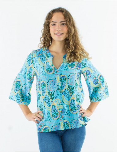 Viscose buttoned blouse with 3/4 sleeves and "istanbul" print