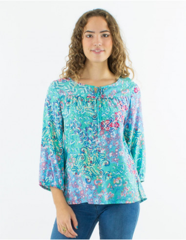 Viscose blouse with 3/4 sleeves and "influence" print