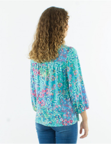 Viscose blouse with 3/4 sleeves and "influence" print