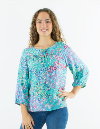 Viscose blouse with 3/4 sleeves and "influence" print