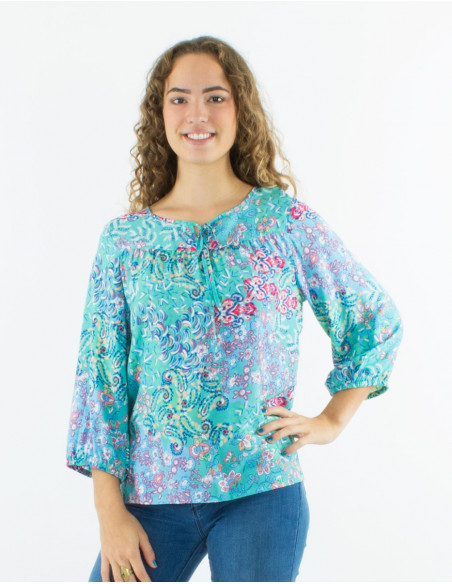 Viscose blouse with 3/4 sleeves and "influence" print