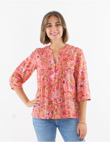 Viscose buttoned blouse with 3/4 roll-up sleeves and "agra" print
