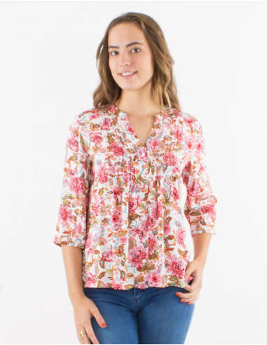 Viscose buttoned blouse with 3/4 roll-up sleeves and "agra" print