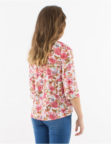 Viscose buttoned blouse with 3/4 roll-up sleeves and "agra" print