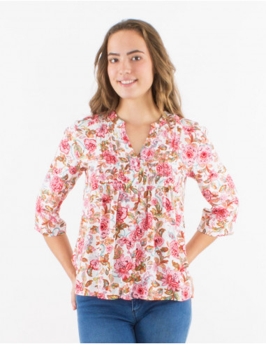 Viscose buttoned blouse with 3/4 roll-up sleeves and "agra" print