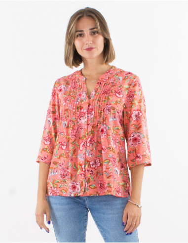 Viscose buttoned blouse with 3/4 roll-up sleeves and "agra" print