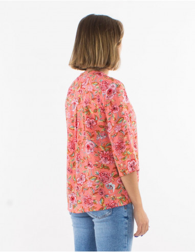 Viscose buttoned blouse with 3/4 roll-up sleeves and "agra" print