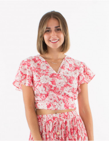 Cotton short sleeves blouse with "anemone" print