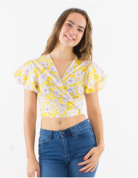 Cotton short sleeves blouse with "anemone" print