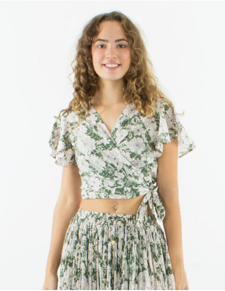 Cotton short sleeves blouse with "anemone" print