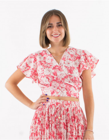 Cotton short sleeves blouse with "anemone" print