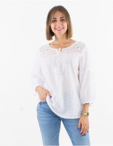 Cotton embroidered 3/4 sleeves blouse