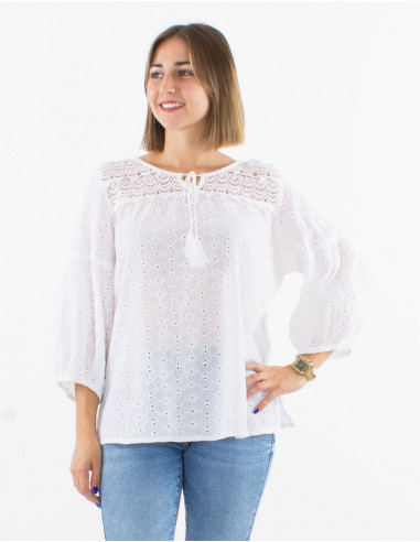 Cotton embroidered 3/4 sleeves blouse
