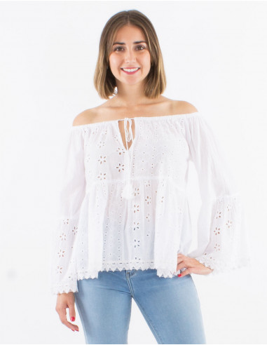 Cotton embroidered blouse with tulip sleeves