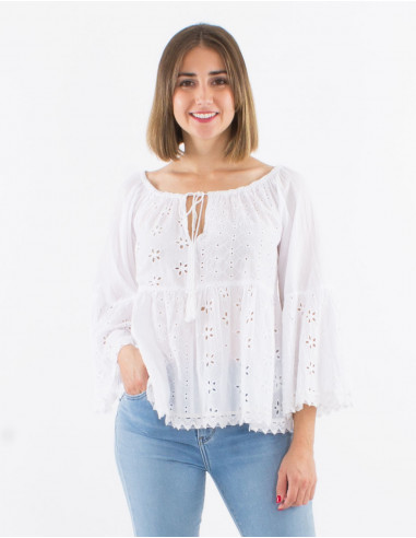 Cotton embroidered blouse with tulip sleeves