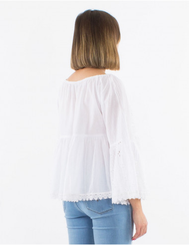 Chemisier coton brodé manches 3/4 tulipes