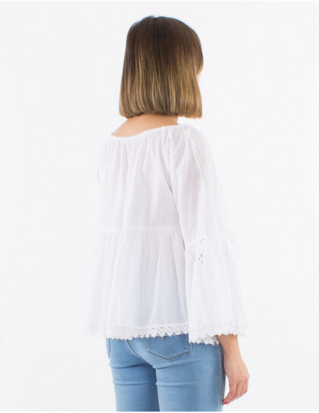 Chemisier coton brodé manches 3/4 tulipes