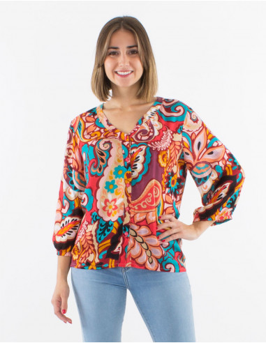 Viscose buttoned blouse with 3/4 sleeves and "antalya" print