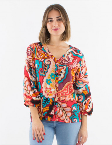 Viscose buttoned blouse with 3/4 sleeves and "antalya" print