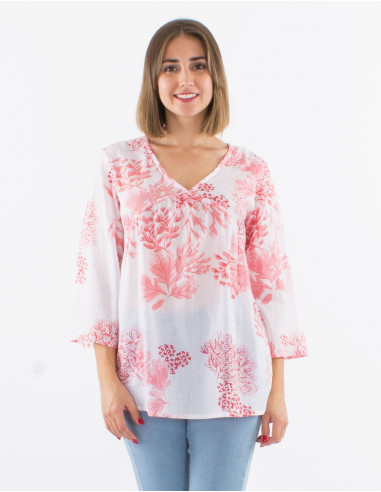 Cotton voile long sleeves blouse with "coral print and golden leaves"