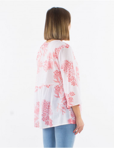 Cotton voile long sleeves blouse with "coral print and golden leaves"