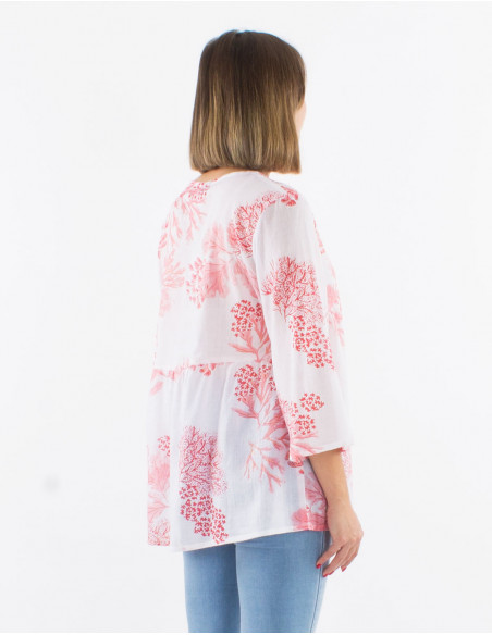 Cotton voile long sleeves blouse with "coral print and golden leaves"