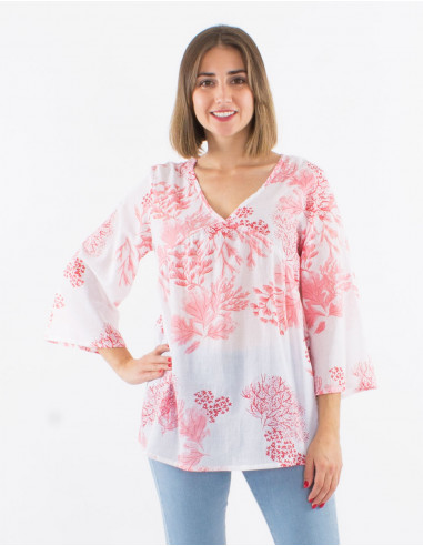 Cotton voile long sleeves blouse with "coral print and golden leaves"
