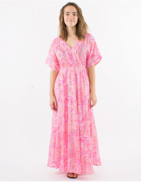 Long cotton voile ibiza print dress with lining, short sleeves and golden leaves