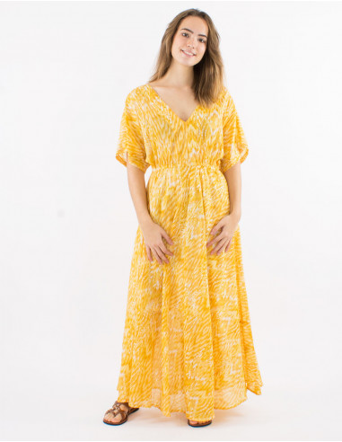 Robe longue voile de coton doublée manches courtes imprimé Ibiza avec feuilles dorées