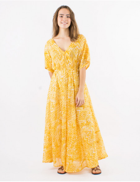 Long cotton voile ibiza print dress with lining, short sleeves and golden leaves