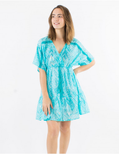 Robe courte voile de coton imprimé Ibiza avec feuilles dorées