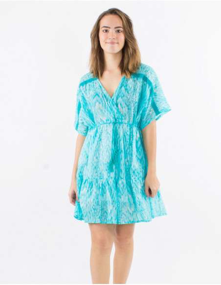 Robe courte voile de coton imprimé Ibiza avec feuilles dorées