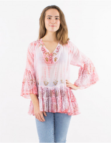 Cotton voile tie and dye tunic with beads and tulip sleeves