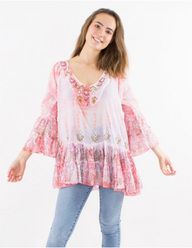 Cotton voile tie and dye tunic with beads and tulip sleeves