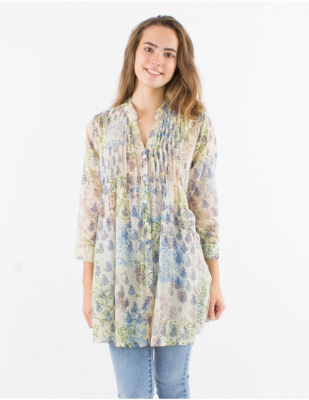 Cotton voile printed tunic with long sleeves