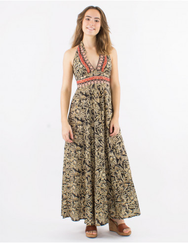 Long polyester open bakc dress and "barka dore" print