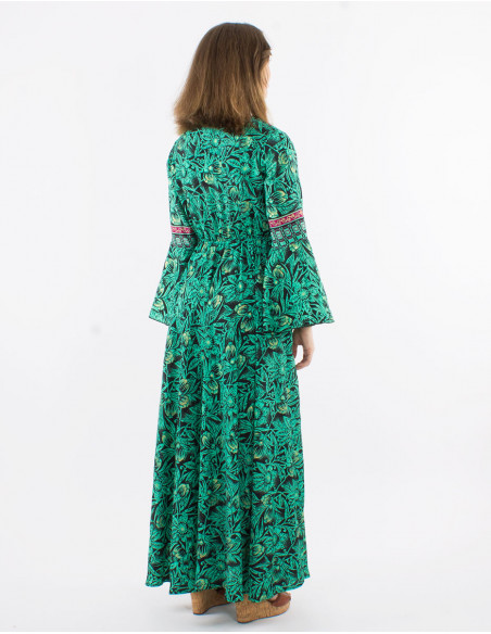 Long polyester v-neck dress with Long sleeves and "barka dore" print