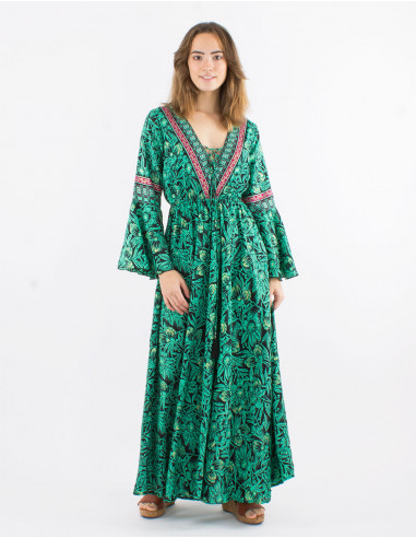 Long polyester v-neck dress with Long sleeves and "barka dore" print