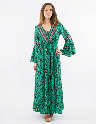 Long polyester v-neck dress with Long sleeves and "barka dore" print