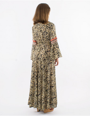 Long polyester v-neck dress with Long sleeves and "barka dore" print