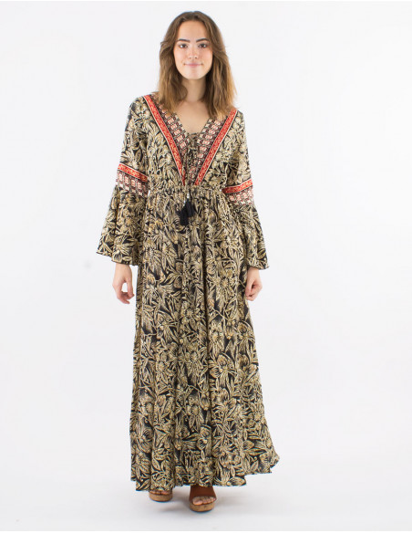 Long polyester v-neck dress with Long sleeves and "barka dore" print