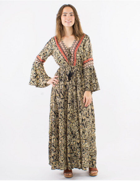 Long polyester v-neck dress with Long sleeves and "barka dore" print
