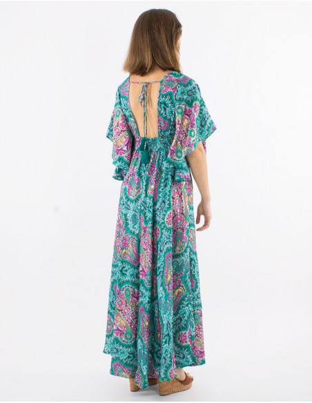 Robe longue polyester manches longues papillons imprimé Magic doré