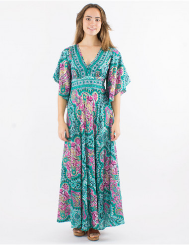 Long polyester butterfly dress with short sleeves and "magic dore" print