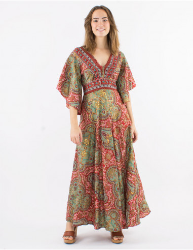 Long polyester butterfly dress with short sleeves and "magic dore" print