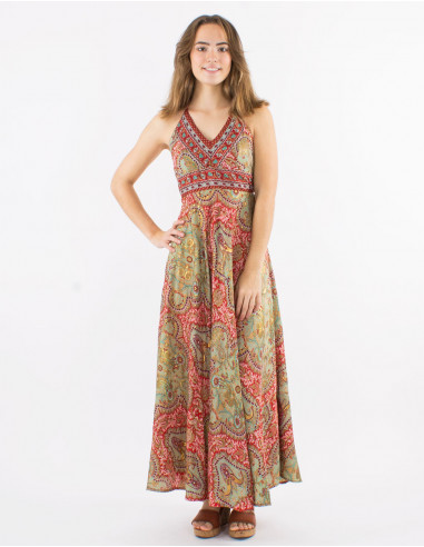 Long polyester open back dress with "magic dore" print