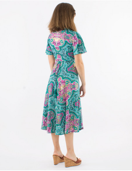 Long polyester wrap dress with short sleeves and "magic dore" print