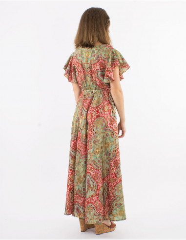 Long polyester dress with short sleeves and "magic dore" print